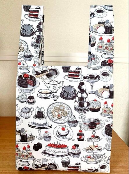 レジ袋型エコバッグ ケーキ スイーツ柄 紅茶柄 ハンドメイド コンビニサイズ