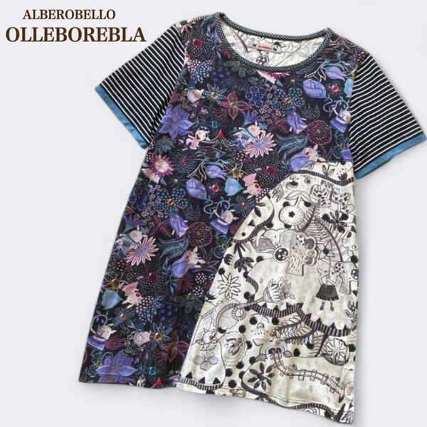 アルベロベロ ロング丈 半袖Tシャツ カットソー M相当 ぶたさん お花 総柄 マルチカラー