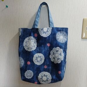 A4トートバッグ サブバッグ ハンドメイド デニム風丸レース
