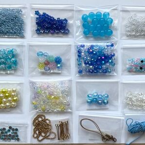 ビーズ まとめ売り セット ブルー ハンドメイド アクセサリー パーツ ストラップ紐 デコパーツ ボールチェーン おまけ おもちゃ