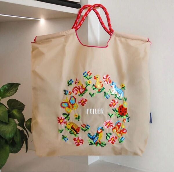 【新品】フォロー割 100円引き 刺繍 トートバッグ エコバッグ グレー ベージュ ロゴ 軽量 花と鳥 コンパクト