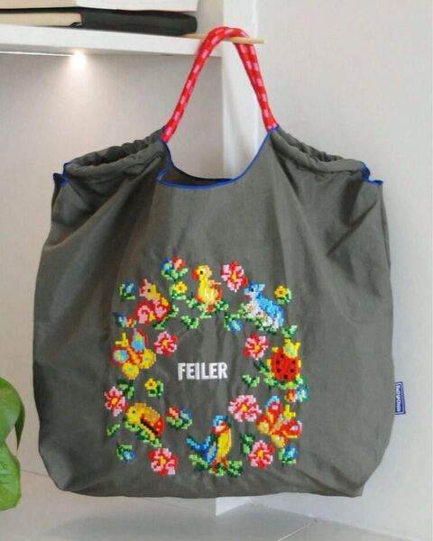 【新品】フォロー割 100円引き 刺繍 トートバッグ エコバッグ グレー ベージュ ロゴ 軽量 花と鳥 コンパクト