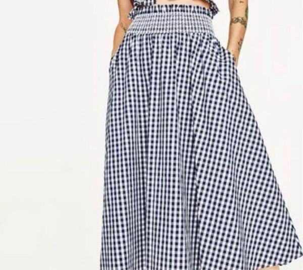 ZARA WOMAN ザラウーマン ギンガムチェックロングスカート ネイビー XLサイズ