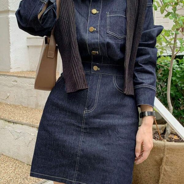 SHEIN デニムワンピース 長袖 ワンピース ネイビー デニム M DAZY 無地柄 ボタンフロント デニムドレス