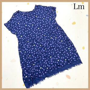 Lm ワンピース ドット柄 フリンジ裾 レーヨン 紺系 ネイビー チェリー柄 膝丈ワンピース シック おしゃれ エルエム
