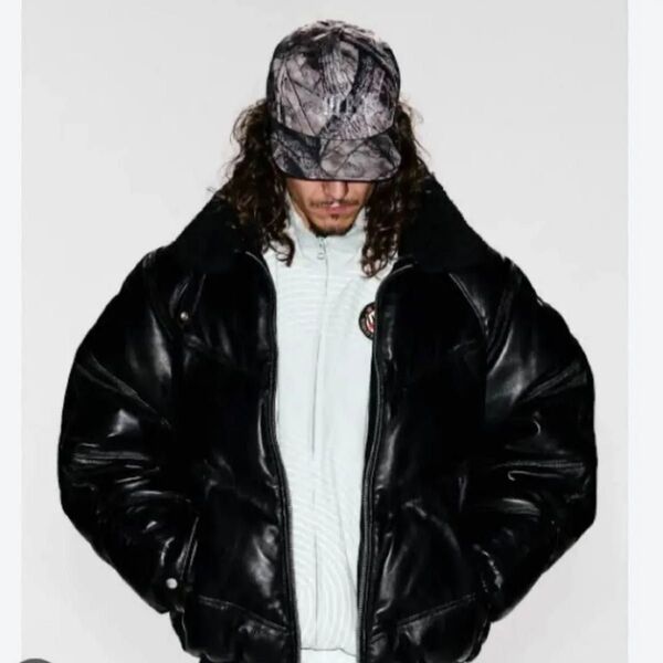 L. Supreme/Schott Chevron Leather Down Puffer Jacket Black レザーダウン
