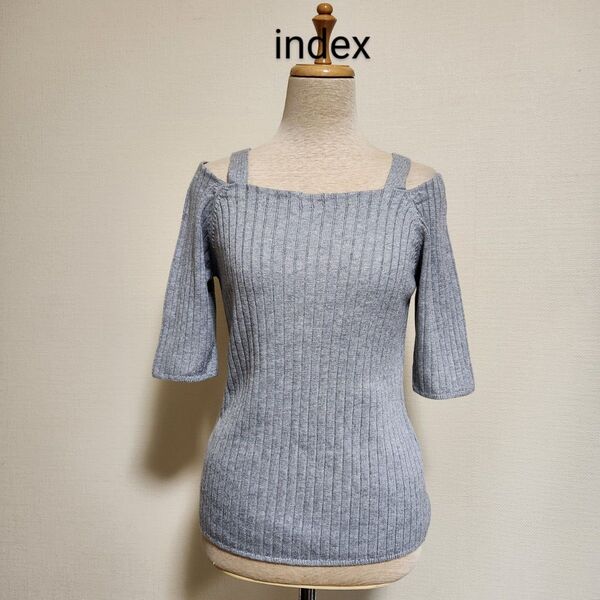 index インデックス リブニットオープンショルダートップス グレー M