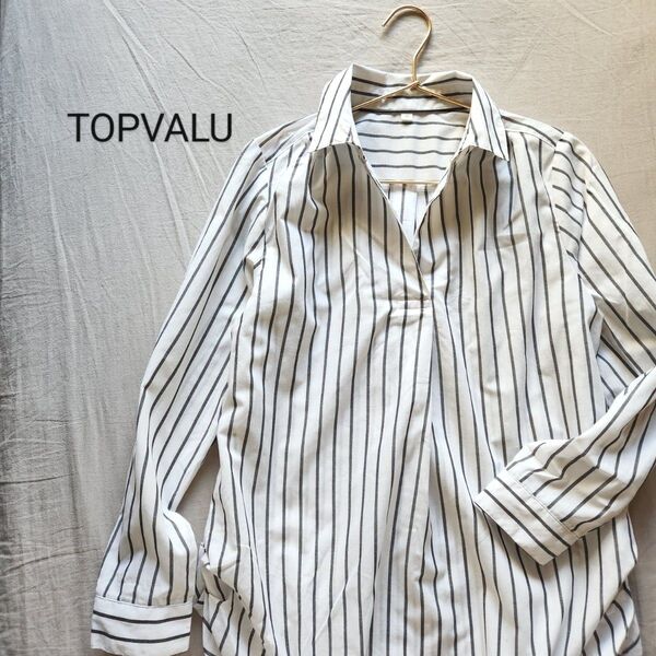TOPVALU トップバリュ イオン 2WAYオープンカラーシャツ ストライプ柄 白×墨黒 M