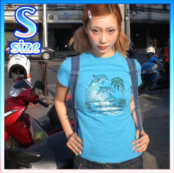 Sサイズ Tシャツ トップス ブルー グランジ y2k 平成ギャル グリッター 半袖Tシャツ イルカ