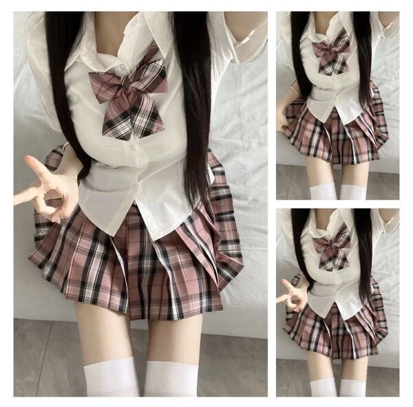 【新品匿名発送】女子高生JK 制服 スカート&シャツ&ネクタイ ピンク M
