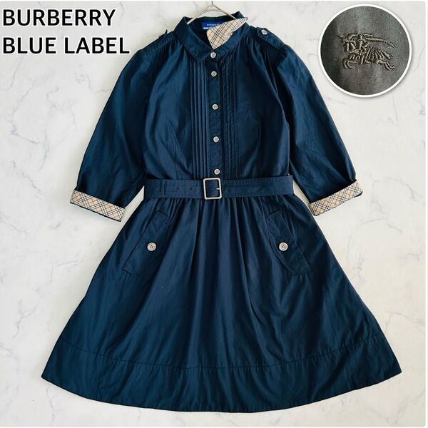 BURBERRY BLUE LABEL バーバリーブルーレーベル タックワンピース ギャザー 膝丈 ベルト ノバチェック M