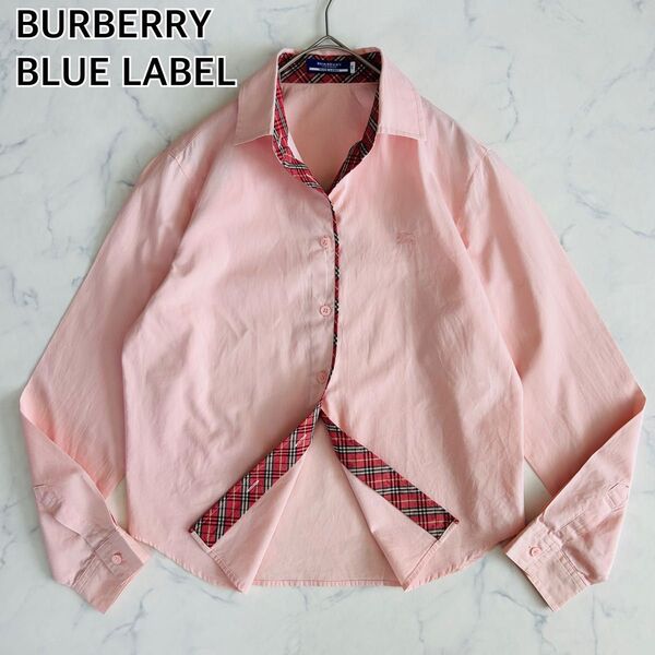 BURBERRY BLUE LABEL L 長袖シャツ ノバチェック ホースロゴ刺繍 ピンク バーバリーブルーレーベル