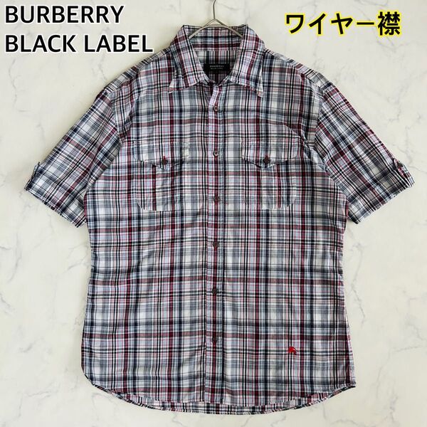 BURBERRY BLACK LABEL Mサイズ ワイヤー襟 半袖シャツ ホースロゴ刺繍 チェック バーバリーブラックレーベル
