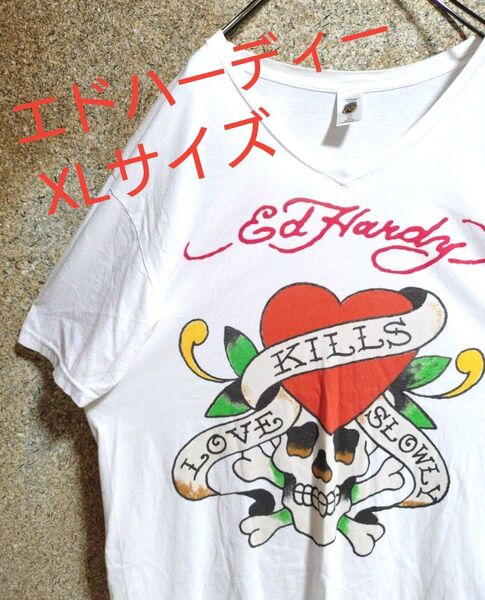 【人気アイテム】エドハーディー Tシャツ デカロゴ スカル XLサイズ