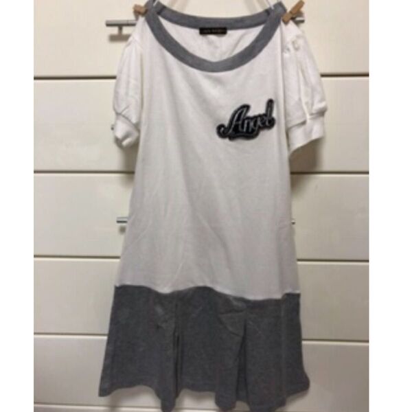 新品 ワッペン付き バイカラー チアガール風 太 プリーツ ミニ ワンピース Tシャツ ワンピース 半袖