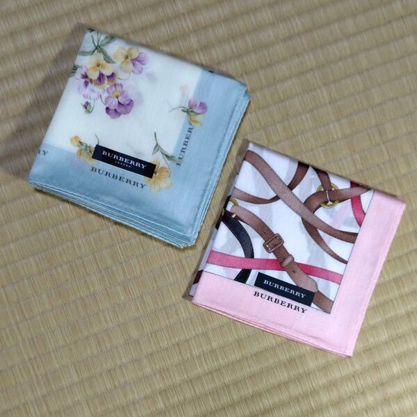 ★新品未使用品★BURBERRY バーバリー 大判ハンカチ 3色ベルト柄(ライトピンク)&花柄(ライトブルー) 2枚組セット