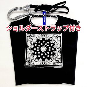 ペイズリー バンダナ柄 エコバッグ 刺繍 バッグ 黒 ブラック トートバッグ М 新品 未使用 ショルダーストラップ付き 鞄 花柄