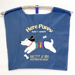 犬 エコバッグ М 刺繍 バッグ トートバッグ 新品 ネイビー ダックスフンド ダックスフント 未使用 紺色 子犬 スリンキー 鞄