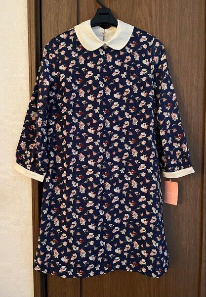 ☆ タグ付き未使用品・襟取り外し可能 2WAY 小花柄 チュニック ワンピース ネイビー 丸襟 七分袖 ☆