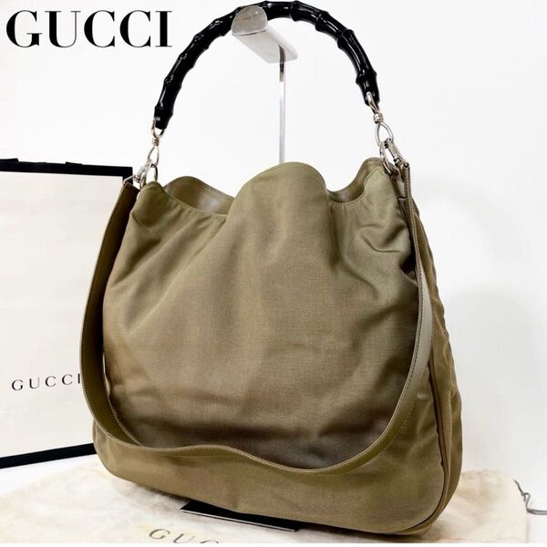 GUCCI グッチ バンブー 2way ショルダーバッグ ハンドバッグ トートバッグ カーキ A4 大容量 レディース 肩掛け