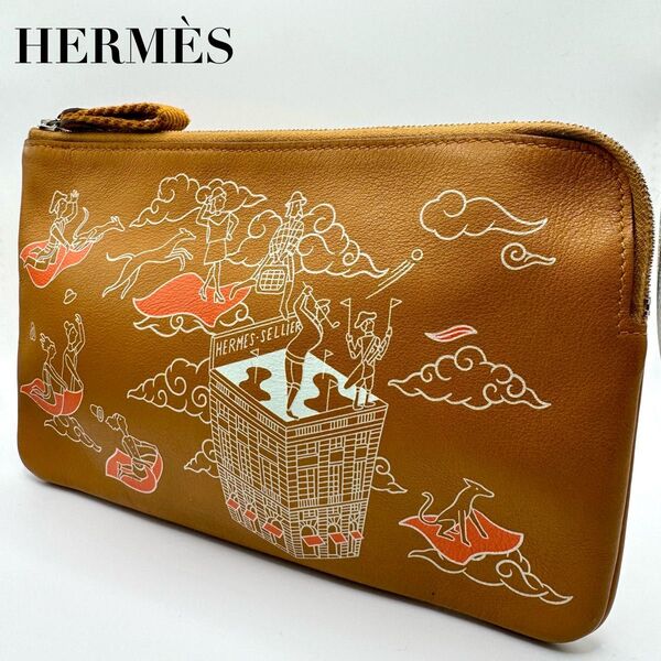 HERMS エルメス ポーチ 小物入れ ポケットロング エルメスの叙事詩 スイフト セサム Z刻印 プリント キャメル レザー