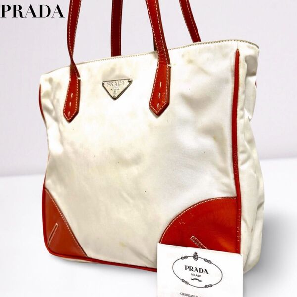 正規品 PRADA プラダ トートバッグ ハンドバッグ 三角ロゴ ナイロン レザー ホワイト 白 オレンジ レディース