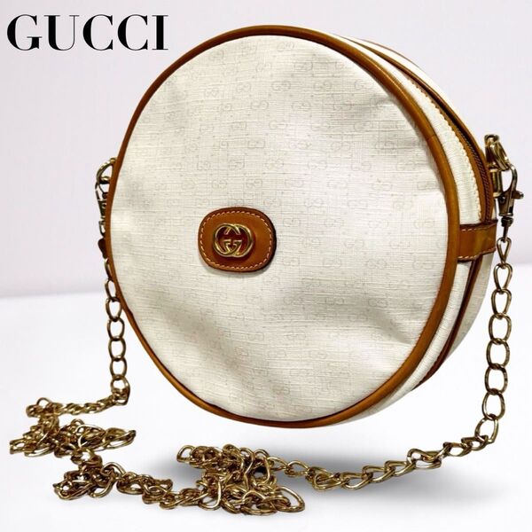 正規品 GUCCI グッチ チェーンGG柄 2way ショルダーバッグ アイボリー 白 ブラウンキャンバス×レザーレディース