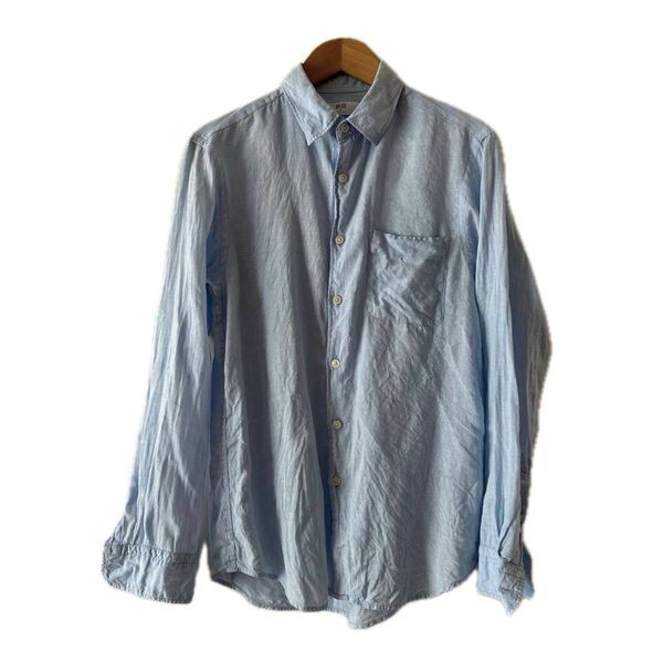 UNIQLO ユニクロ メンズプレミアムリネンシャツ(長袖)USED M ブルー