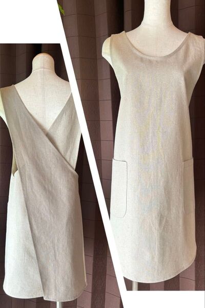 ハンドメイド バッククロスエプロン ハーフリネン 生成×グレージュ