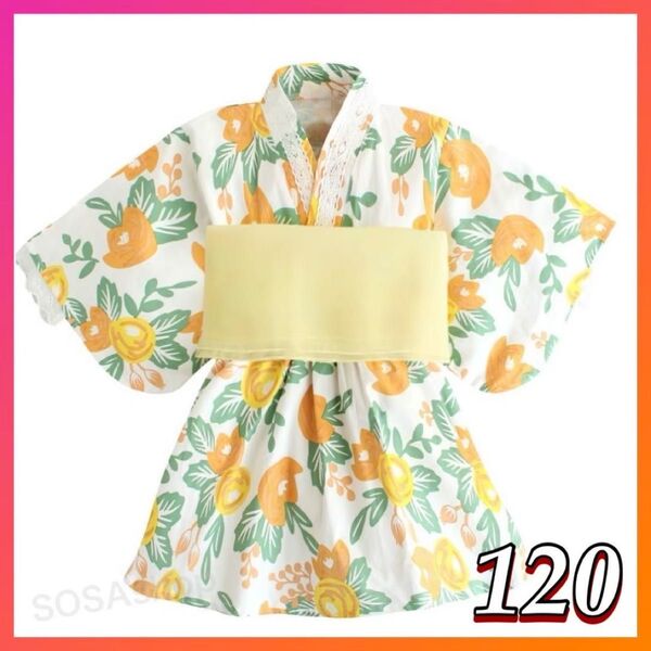 ベビー浴衣 オレンジ花柄 帯セット 甚平 和装 ワンピース 夏祭り キッズ 2点セット270 女の子 キッズ浴衣 花火大会 夏