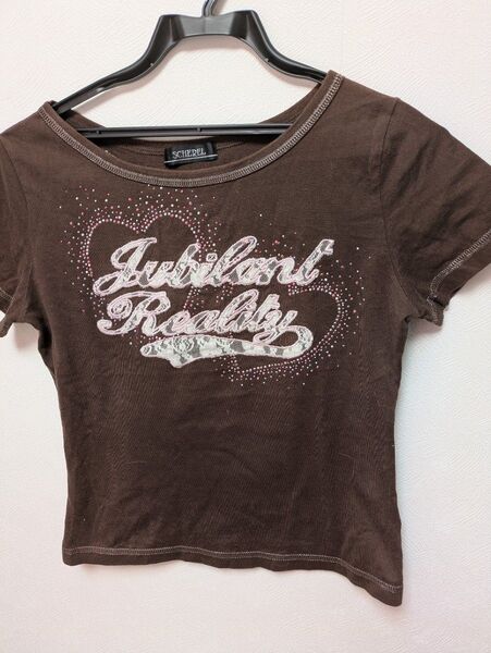 ぷち Tシャツ 刺繍 キラキラ レースアップリケ M ブラウン系