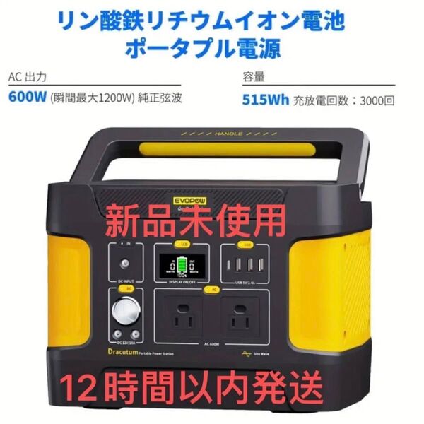 Evopow ポータブル電源 大容量515Whリン酸鉄リチウムイオン長寿命 AC(600W 瞬間最大1200W)LEDライト付き