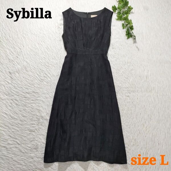 Sybilla シビラ リネン混ノースリーブワンピース ひざ丈 総柄 ブラック L