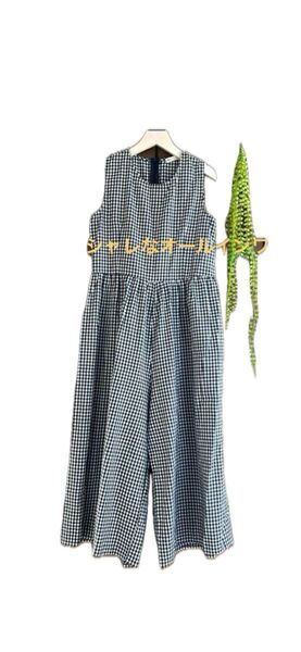 新品 オールインワン ノースリーブ カバーオール ギンガムチェック サロペット オーバーオール ワンピース ワイドパンツ
