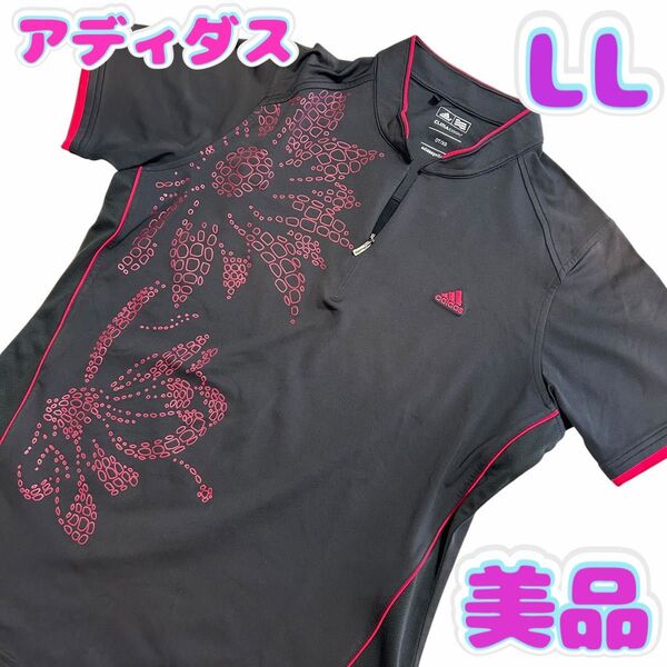 【美品】アディダス レディース 半袖ハイネックポロシャツ ハーフジップ LL 黒赤 ゴルフ 吸汗速乾
