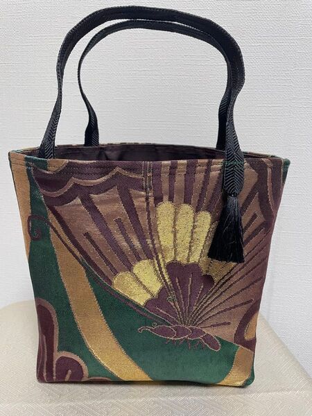 深緑色高級帯リメイク ハンドメイド ちょこ持ちトートバッグ 立湧蝶菊紋様 浴衣