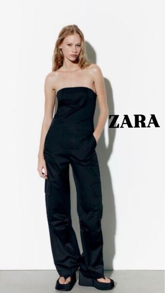 ZARA ベアトップ カーゴジャンプスーツ ブラック Lサイズ