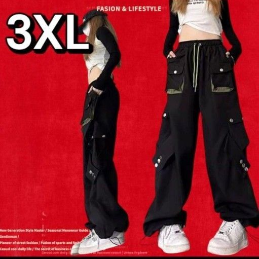 3XLカーゴパンツ ワイドパンツ ストリート 韓国 ヒップホップ ブラック