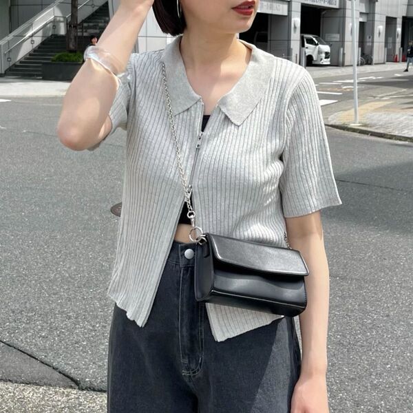 Kastane カスタネ ダブルZIPラメリブ半袖カーディガン 半袖 ニット
