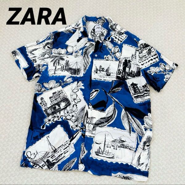 ZARA ザラ 半袖シャツ 総柄 レーヨン メンズシャツ 柄シャツ 開襟 青 アロハシャツ ハワイアンシャツ アートシャツ