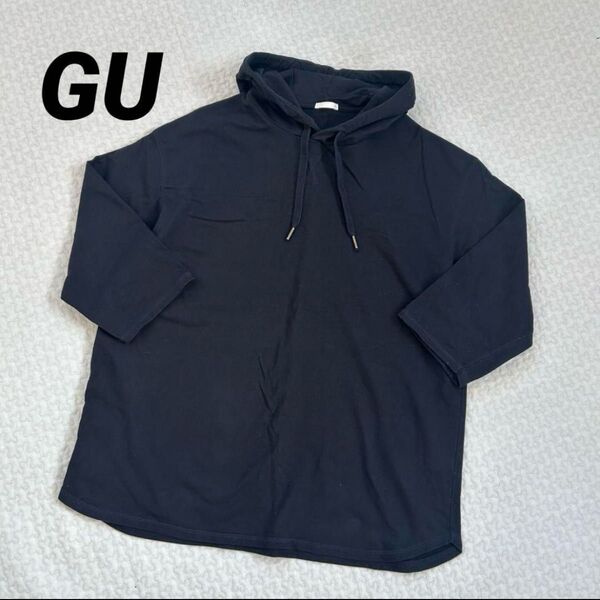 GU ジーユー メンズパーカー 五分袖 黒 ブラック フーディ プルオーバー パーカー トップス