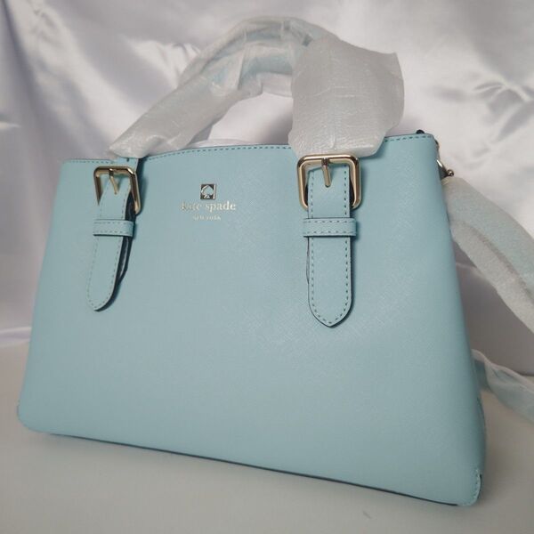 美品 未使用【kate spade】ケイトスペード 仕切りポケット 2way ハンドバッグ ショルダー バッグ レザー 水色