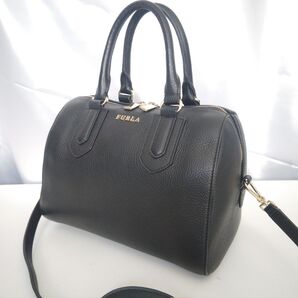 美品『FURLA』フルラ 2WAY レザー ミニボストン ショルダーバッグ オールレザー ブラック 黒 ハンドバッグ 斜め掛け