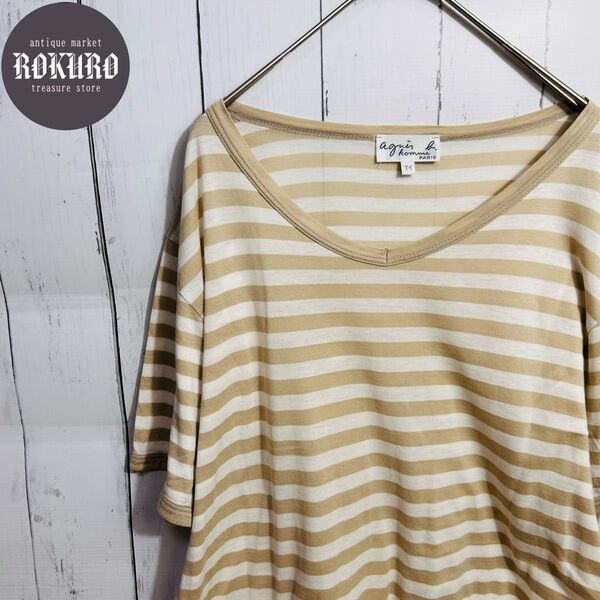 訳あり】agnes b. HOMMEアニエス・ベーオムボーダー柄半袖TシャツMサイズ Vネック カットソー