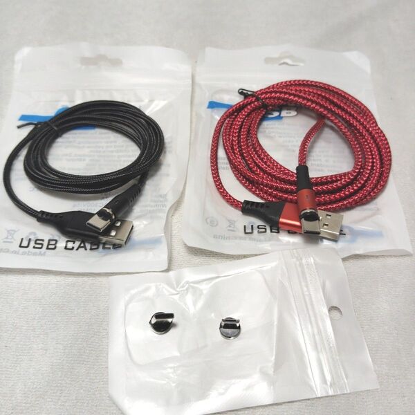 USBケーブル マグネット式 2本セット 黒/赤マグネット充電ケーブル ワンタッチ接続コネクタ付きタイプC おまけ付き新品