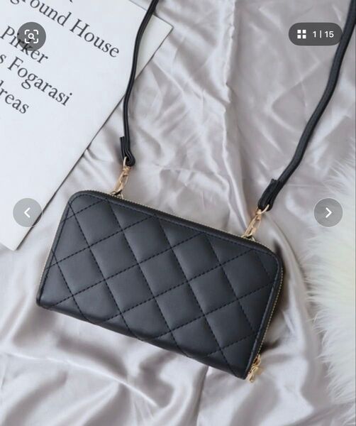 ショルダー財布、キルティング、黒、ブラック、ショルダーウォレット、ダブルファスナー、長財布、ショルダーバッグ