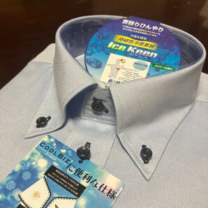 MODE ISM 形態安定 ブルー無地ボタンダウン半袖ワイシャツ 持続性冷感素材 L(首41㌢)