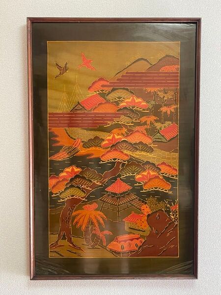 和風絵画 紅葉と鳥 木製額縁入り