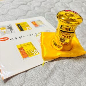 【新品】金のポスト貯金箱 郵便局 &切手型マイクロクロス