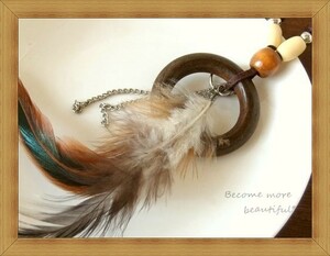 * Asian or exotic feeling * genuine article feather / feather attaching * wooden beads. leather string long necklace *112